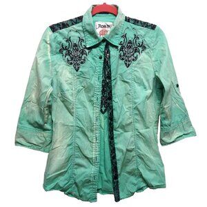 Roar Western Shirt Womens Sz L Slim Embroidered Rhinestones Cowgirl green black